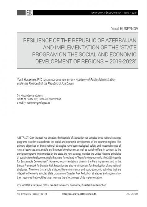 “Economics and Environment” jurnalında Azərbaycan regionlarının inkişafına dair məqalə dərc edilib